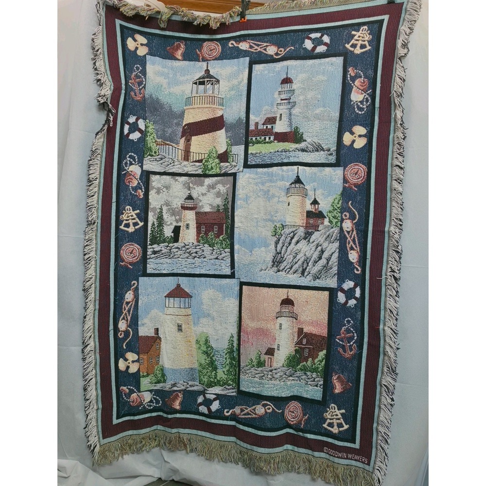 Vintage Goodwin Weavers Lighthouse Tapestry Throw Blanket Nautical Coastal USA